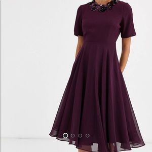Plum knee length party dress with collar detail